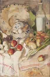 АЛЕКСАНДРА ЭКСТЕР. Натюрморт с фруктами, овощами, чашей с яйцами и бутылкой молока. Около 1908–1909