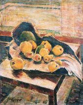 Н.А. ЗАГРЕКОВ. Фрукты на столе в открытом бумажном пакете. 1949