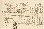 Дуэль на шпагах. Лист рукописи А.С. Пушкина с отрывком стихотворения «Не розу пафосскую…» с рисунком к сцене IV трагедии «Каменный гость». Октябрь – ноябрь 1830
