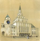 А.В. ЩУСЕВ. Эскизный проект часовой и Главной (вестибюля 1−2-го классов) башен Казанского вокзала. Перспектива. Вариант. 1912