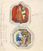З.Е. СЕРЕБРЯКОВА. Два варианта панно «Народы Востока» (в национальных костюмах и без них) для плафона ресторана Казанского вокзала. Рисунок с первоначальных эскизов А.Н. Бенуа (?). 1915