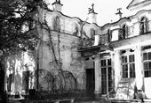 Китайский дворец. Фрагмент южного фасада (западный ризалит). Разрушение штукатурного слоя. 1946