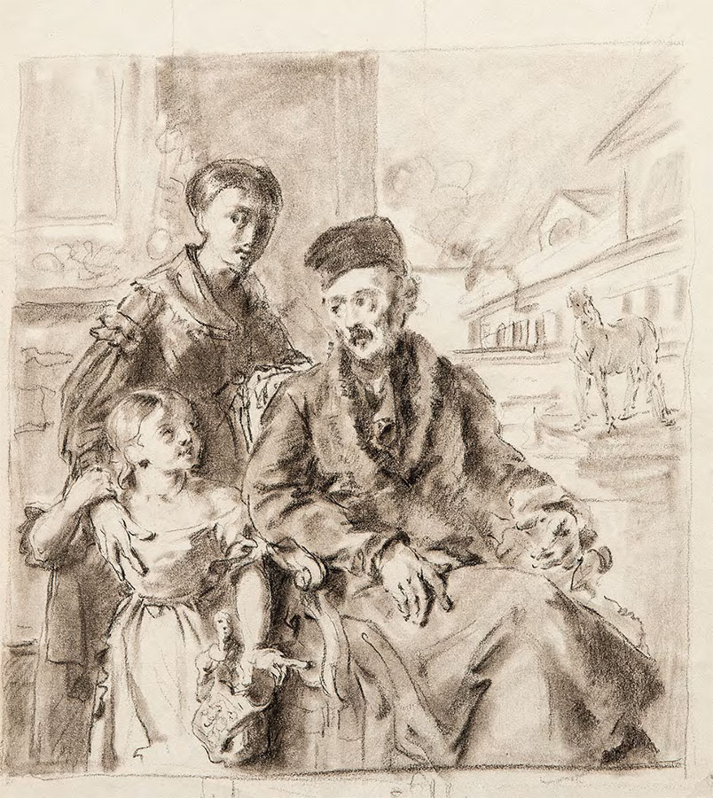 Василий Андреевич ТРОПИНИН (1776–1857). Портрет Д.П. Воейкова с дочерью В.Д. Воейковой и англичанкой мисс Сорокк. Эскиз. 1842