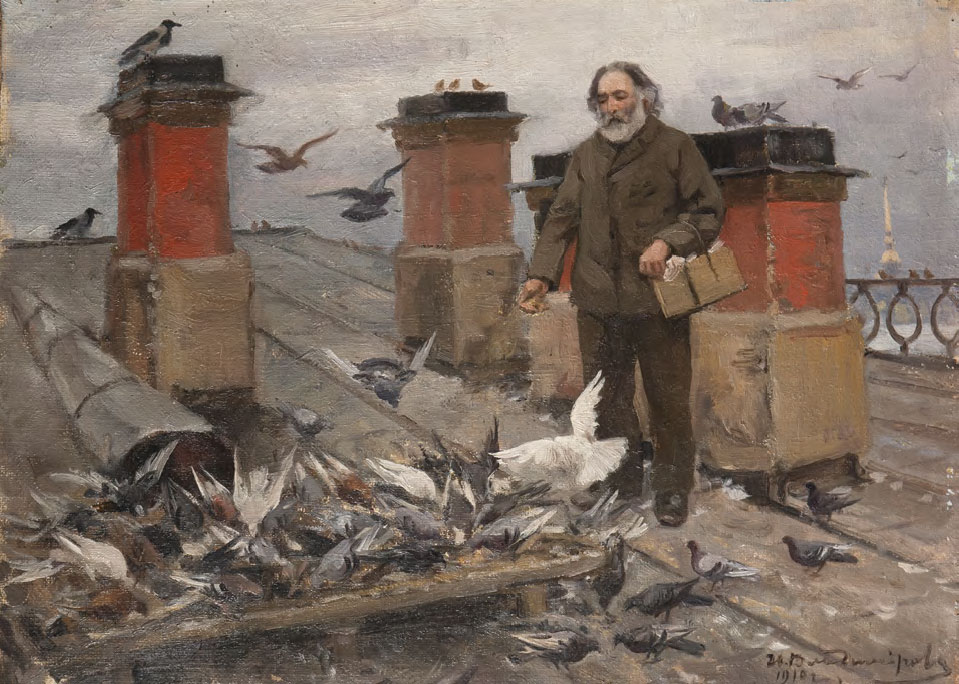 И.А. ВЛАДИМИРОВ. На крыше. А.И. Куинджи кормит голубей. 1910