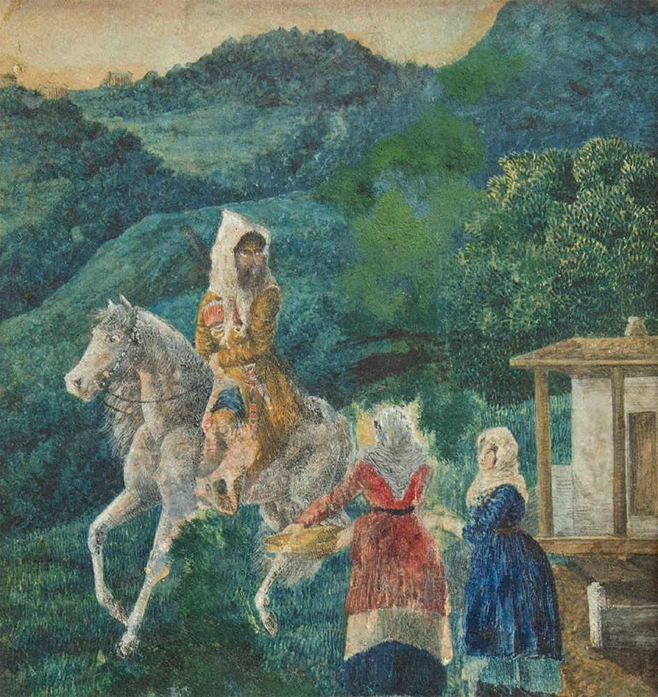 М.Ю. ЛЕРМОНТОВ (?). Кавказский вид с фигурами горцев (одна мужская и две женские). 1841