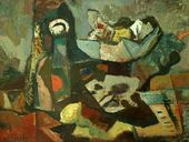 ХАНС ЮХСЕР. Большой натюрморт с бутылкой, чашей для фруктов и лимоном. 1968
