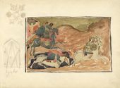 А.В. ЩУСЕВ. Зарисовки клейма «Чудо о погибели царя Калояна» иконы «Димитрий Солунский с житием», орнамента (басмы?) и дверного портала из неизвестного храма в Пскове. 1906
