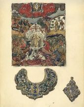 А.В. ЩУСЕВ. Зарисовки местной иконы «Воскресение – сошествие во ад» иконостаса храма Воскресения со Стадища (?), цаты и креста с оклада неизвестной иконы. 1906