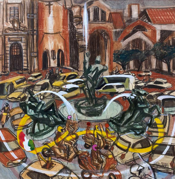 Рим. Площадь с фонтаном. Бумага, смеш. техника. 2001